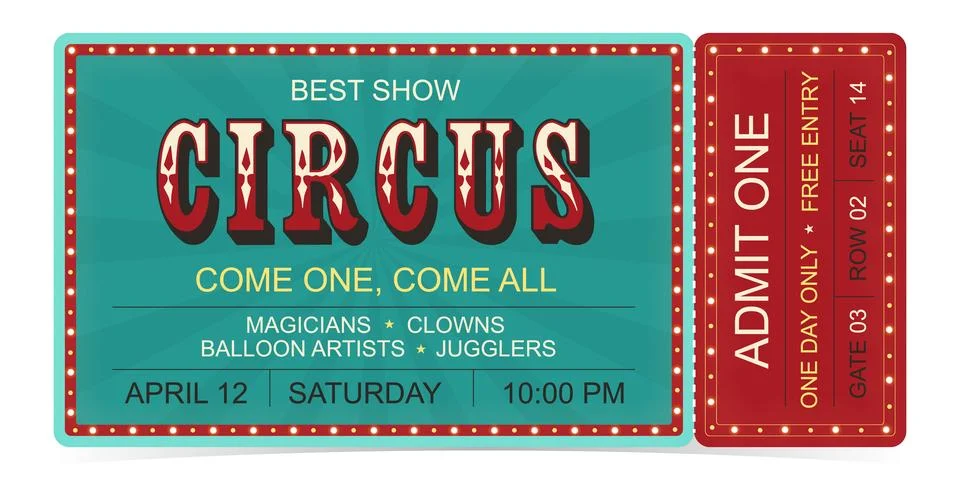 Circus ticket template design. Admit one mockup circus show and carnival invite. Stock-Illustration