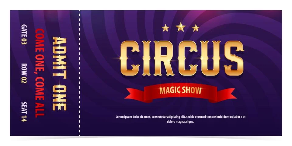 Circus ticket template design. Admit one mockup circus show and carnival invite. Stock-Illustration