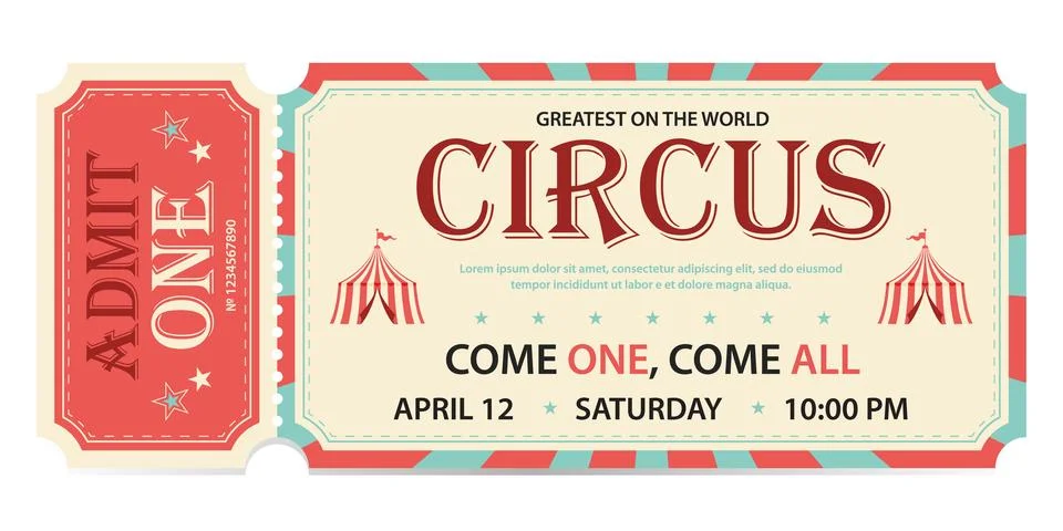 Circus ticket template design. Admit one mockup circus show and carnival invite. Stock-Illustration