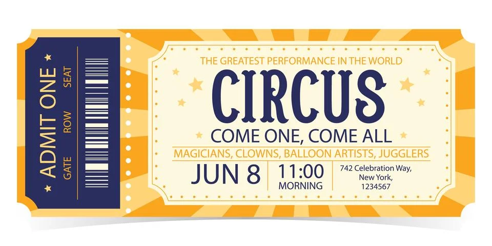 Circus ticket template design. Admit one mockup circus show and carnival invite. Stock-Illustration