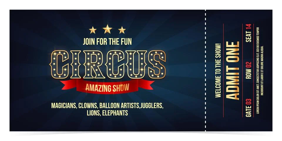 Circus ticket template design. Admit one mockup circus show and carnival invite. Stock-Illustration