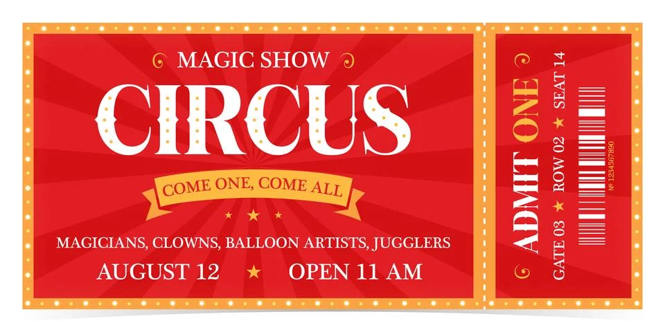 Circus ticket template design. Admit one mockup circus show and carnival invite. Stock-Illustration