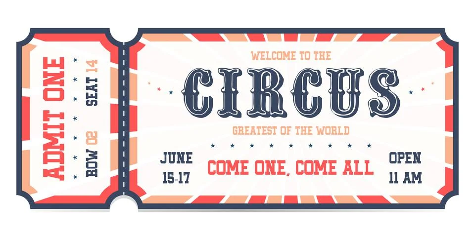 Circus ticket template design. Admit one mockup circus show and carnival invite. Stock-Illustration