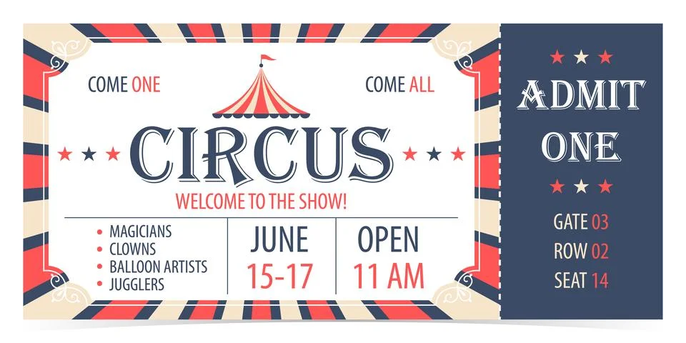 Circus ticket template design. Admit one mockup circus show and carnival invite. Stock-Illustration