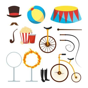 Circus Trainer Items Set Vector. Circus Accessories. Hat, Mustache, Ball, Podium Illustrazione stock