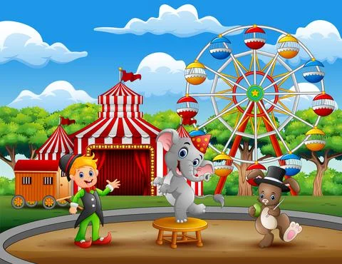 Circus trainer performance with elephant and rabbit Stock Illustration