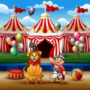Circus trainer performs a trick along with a lion at the arena Stock Illustration