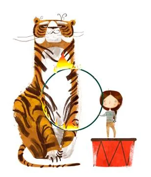 Circus trainer with tiger and fire hoop Stock Illustration