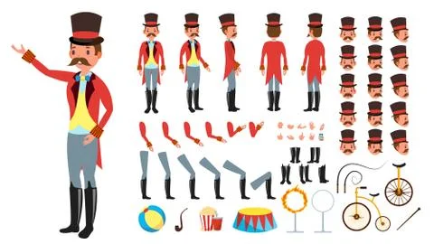 Circus Trainer Vector. Animated Character Creation Set. Full Length, Front, Side Illustrazione stock