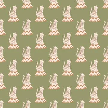 Circus training seamless pattern with light tiger elements ornament. Green ol イラスト素材