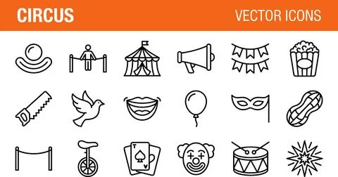 Circus Vector Icons Set - Entertainment, Performance, and Fun Elements. 库存插图