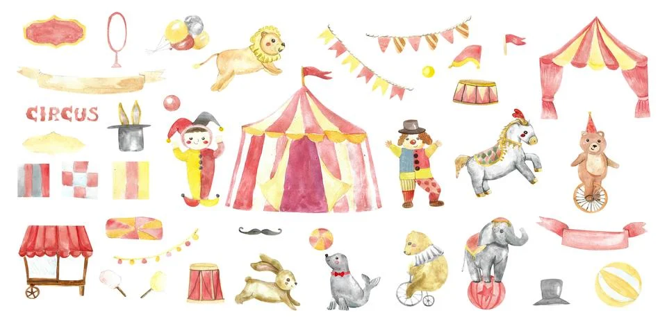 Circus watercolor elements set. Cute circus animals with tent, flags, ribbons Stock Illustration