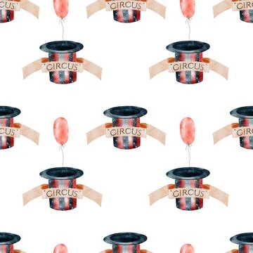 Circus watercolor pattern. Hand drawn circus cap, ballon and inscription on Stock Illustration