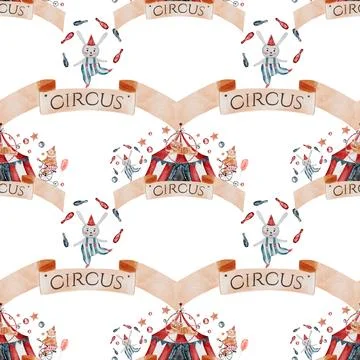 Circus watercolor pattern. Hand drawn cute animal on isolated white background Stock Illustration