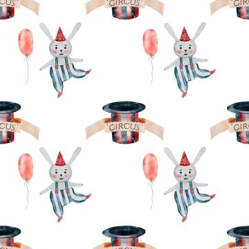 Circus watercolor pattern. Hand drawn cute animal on isolated white background Stock Illustration