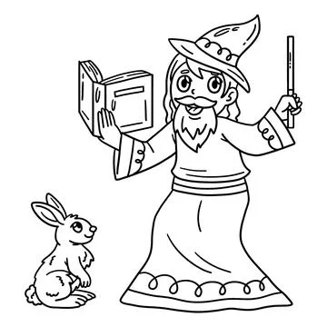 Circus Wizard with Rabbit Isolated Coloring Page Stock Illustration