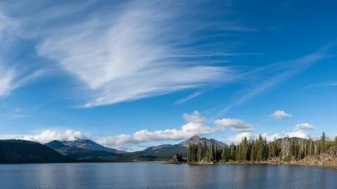 Cirrus and  Cumulus clouds form above South Sisters and Broken Top  Stock Photos