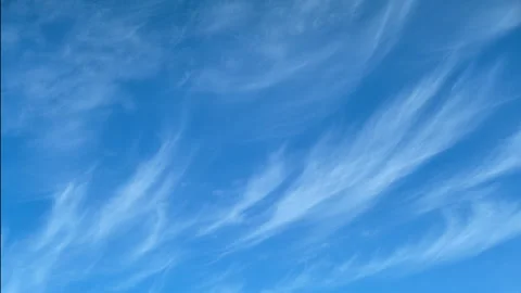 Cirrus cloud floating in clear blue sky. Wispy meteorological formations on brig Stock Footage 341512287