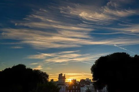 Cirrus clouds and sunset over the skyline of Ramsgate Stock Photos