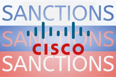 Cisco logo in front of the sanction text on the Russian flag. Fresh sanctions Stock Illustration