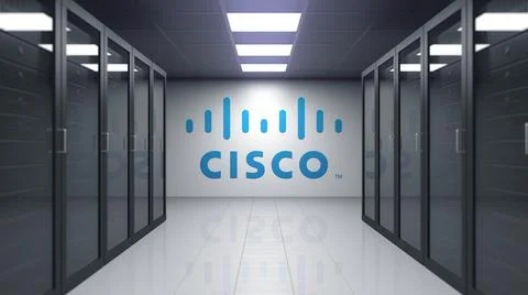 Cisco Systems logo on the wall of the server room. Editorial 3D rendering Stock Illustration
