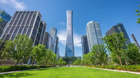 CITIC Tower over the Lush Lawn of Beijing CBD Central Park Stock Footage 336911187