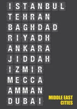 Cities of Middle East on Split flap Flip Board Display Illustrazione stock