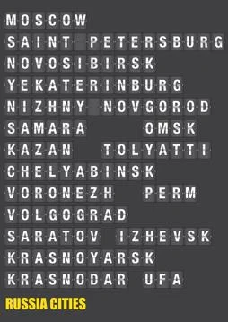 Cities of Russia on Split flap Flip Board Display Illustrazione stock