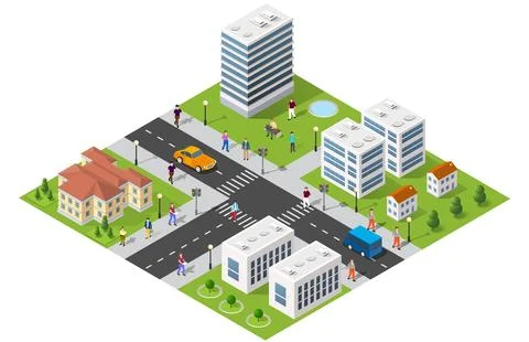 Citizens walking and driving in modern isometric city with skyscrapers Ilustración de archivo