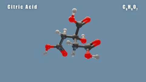 Citric Acid of C6H8O7 3D Conformer animated render. Food additive E330 Stock Illustration