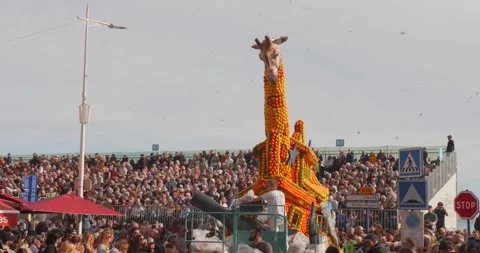 Citrus-covered Giraffe Float Parades At The Crowded Grandstand At The Fete du Stock Footage 331280008