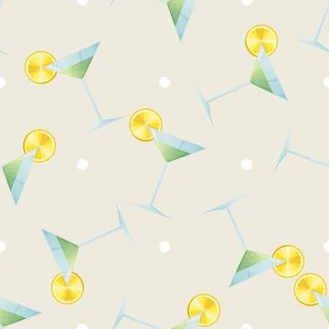 Citrus drink print. Seamless pattern cocktail garnished with lemon slice, min Illustrazione stock