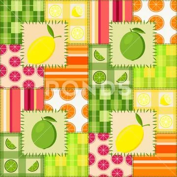 Citrus Fruit Buffalo Check Patchwork Style Pattern Stock Illustration