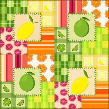 Citrus Fruit Buffalo Check Patchwork Style Pattern Stock Illustration