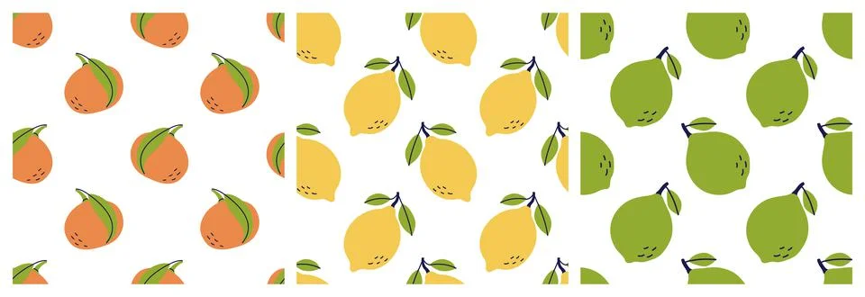 Citrus fruit seamless pattern bundle. Lemon, mandarin, tangerine and lime. Co Stock Illustration