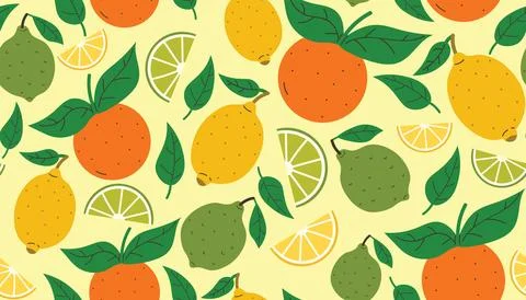 Citrus fruit seamless pattern. Summer background with oranges, lemons and l.. Stock Illustration
