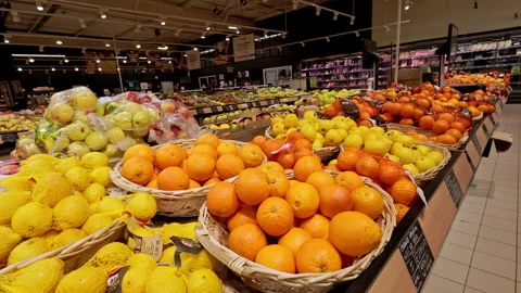 Citrus fruit section in Super U supermarket, Dijon, France. Stock Footage 329439398