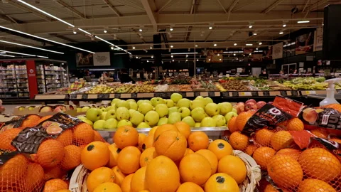 Citrus fruit section in Super U supermarket, Dijon, France. Stock Footage 329439442