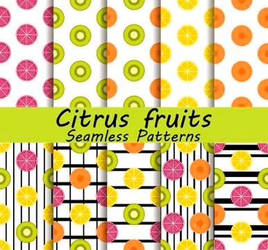 Citrus fruits seamless pattern set. Orange, kiwi and lemon. Fruits with black Stock Illustration