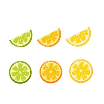 Citrus fruits vector. Vector set of lemon, orange, lime slices, on white Stock Illustration