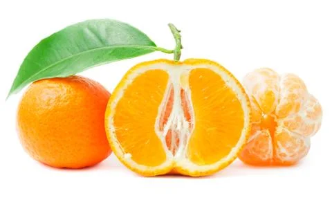 Citrus with leaf cut in half mandarin peeled tangerine isolated Stock Photos