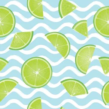 Citrus lime fruit seamless pattern over wave sea texture. Fresh food Stock Illustration
