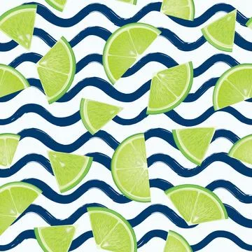 Citrus lime fruit slice seamless pattern over wavy water texture. Stockillustratie