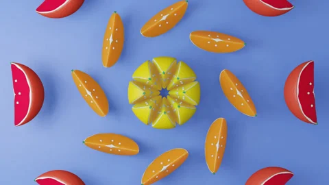 Citrus Orange Grapefruit Lemon 3D Animation Render Loop Slices Pattern on Blue Stock Footage