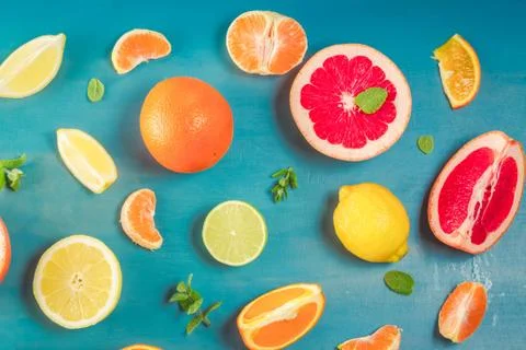 Citrus pattern on blue Stock Photos