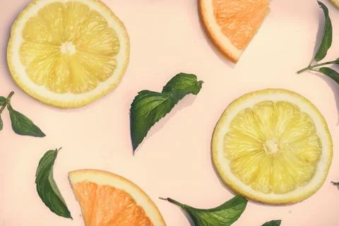 Citrus pattern on retro pink background Stock Photos