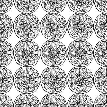 Citrus seamless pattern. Cut off  round piece segment of fruit in the skin. M Stock Illustration