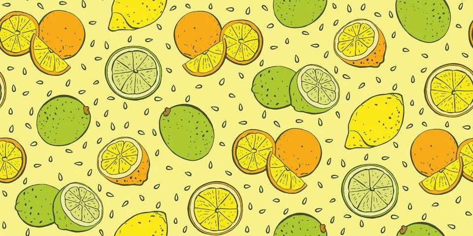 Citrus Seamless Pattern with Lemons, Oranges, Limes on Yellow Background 스톡 일러스트
