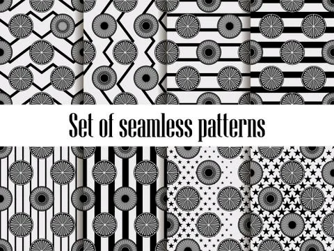 Citrus seamless pattern set. Black ornament. Fruits with zig zag, black strea Stock Illustration