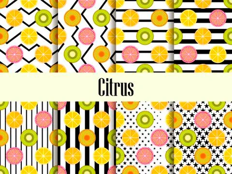 Citrus seamless pattern set. Orange, kiwi and lemon. Fruits with zig zag, bla Illustrazione stock